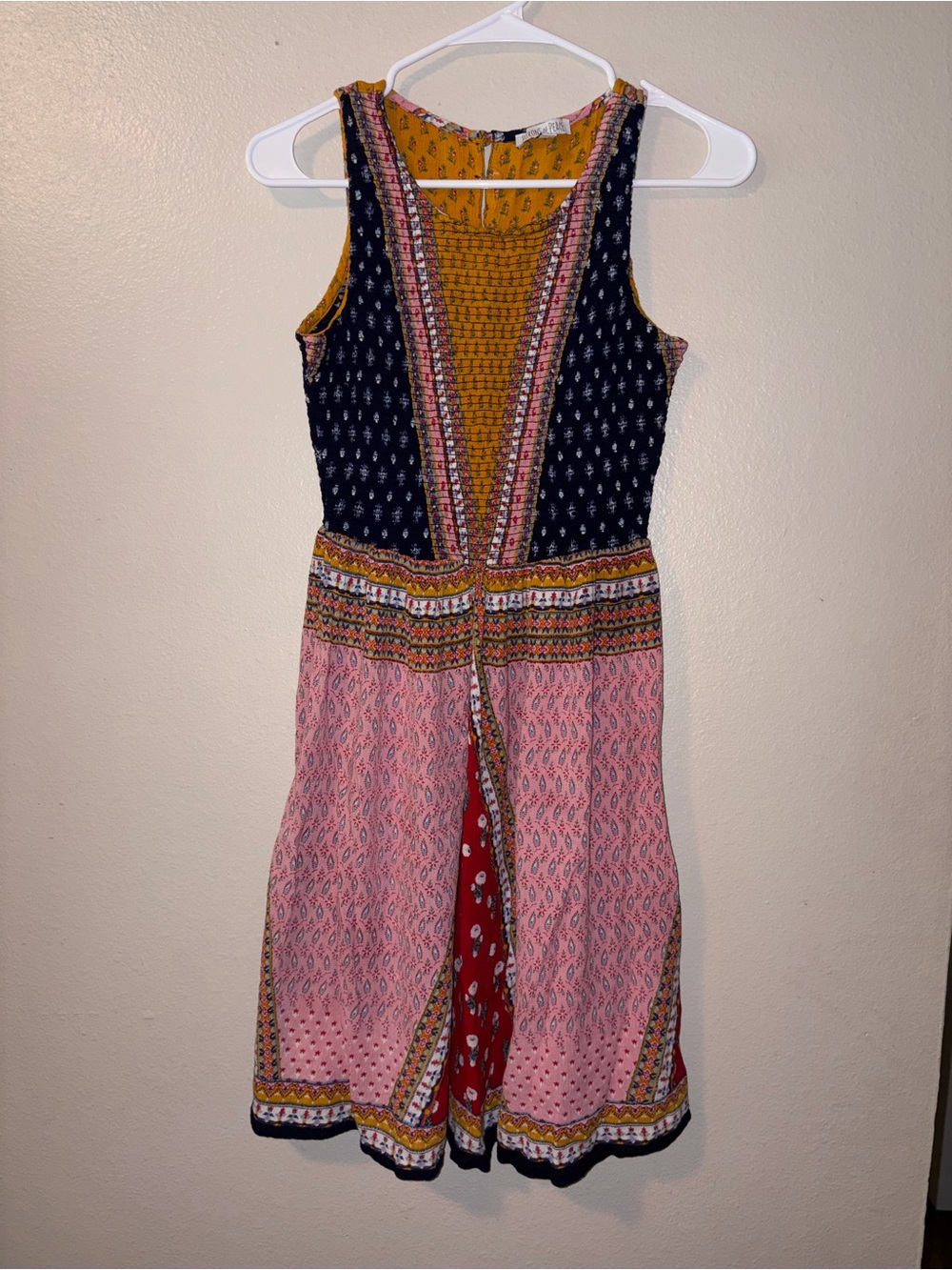 Patrons of Peace Mixed-Print Sleeveless Mini Dress in Pink, Navy & Mustard